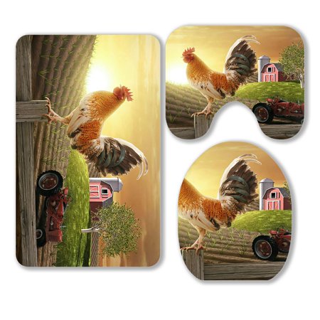 ABPHQTO Rooster Perched Farm Fence Post Sun Rises 3 Piece Bathroom Rugs Set Bath Rug Contour Mat and Toilet Lid Cover