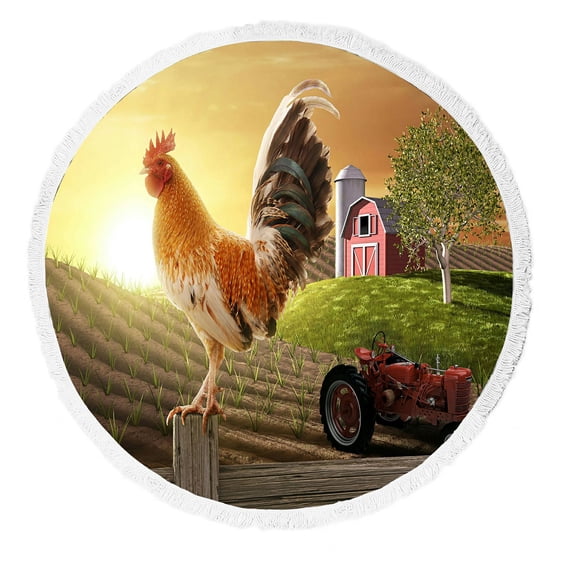 ABPHQTO Rooster Perched Farm Fence Post Sun Rises Beach Towel Beach Blanket with Tassels Beach Throw Towel Yoga Mat Picnic Blanket