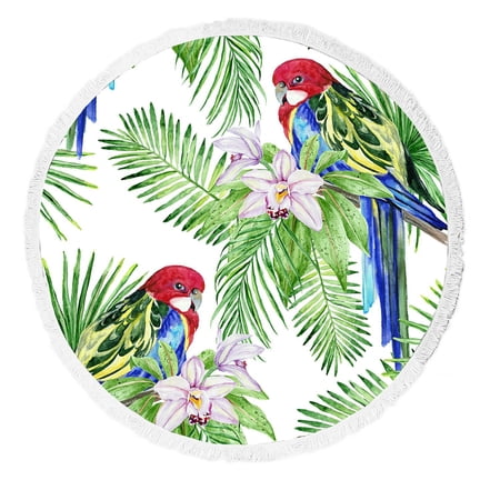 ABPHQTO Rosella Parrot Tropical Leaves Exotic Flowers Beach Towel Beach Blanket with Tassels Beach Throw Towel Yoga Mat Picnic Blanket