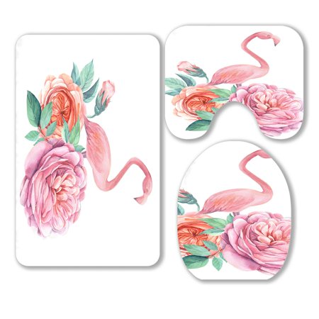 ABPHQTO Roses Flowers Flamingo 3 Piece Bathroom Rugs Set Bath Rug Contour Mat and Toilet Lid Cover