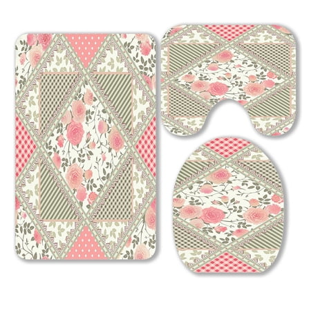 ABPHQTO Roses Leaves Laces Floral Checkered 3 Piece Bathroom Rugs Set Bath Rug Contour Mat and Toilet Lid Cover