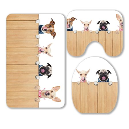ABPHQTO Row Dogs Ongue Wood White 3 Piece Bathroom Rugs Set Bath Rug Contour Mat and Toilet Lid Cover