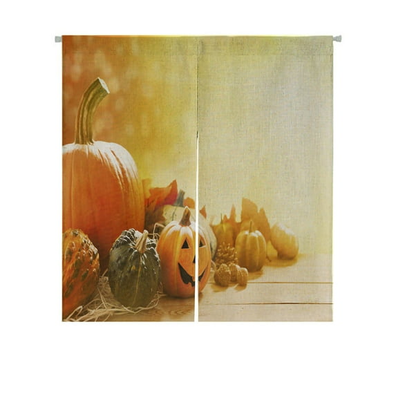 ABPHQTO Rustic Autumn Pumpkins Jack O'Lantern Golden Leaves Wooden Sunlight Japanese Noren Curtain Doorway Door Window Treatment Curtains Cotton Linen Curtain 85x90 cm