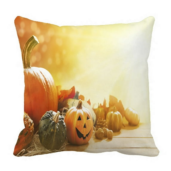 ABPHQTO Rustic Autumn Pumpkins Jack O'Lantern Golden Leaves Wooden Sunlight Pillow Case Pillow Cover Pillow Protector Two Sides For Couch Bed 18x18 Inch