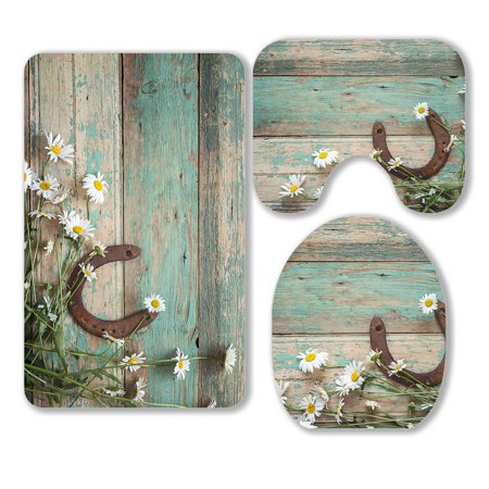 ABPHQTO Rustic Rusty Horseshoe And Daisies 3 Piece Bathroom Rugs Set Bath Rug Contour Mat and Toilet Lid Cover