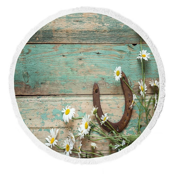 ABPHQTO Rustic Rusty Horseshoe And Daisies Beach Towel Beach Blanket with Tassels Beach Throw Towel Yoga Mat Picnic Blanket