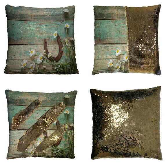 ABPHQTO Rustic Rusty Horseshoe And Daisies Reversible Mermaid Sequin Pillow Case Home Decor Cushion Cover 20x20 Inch