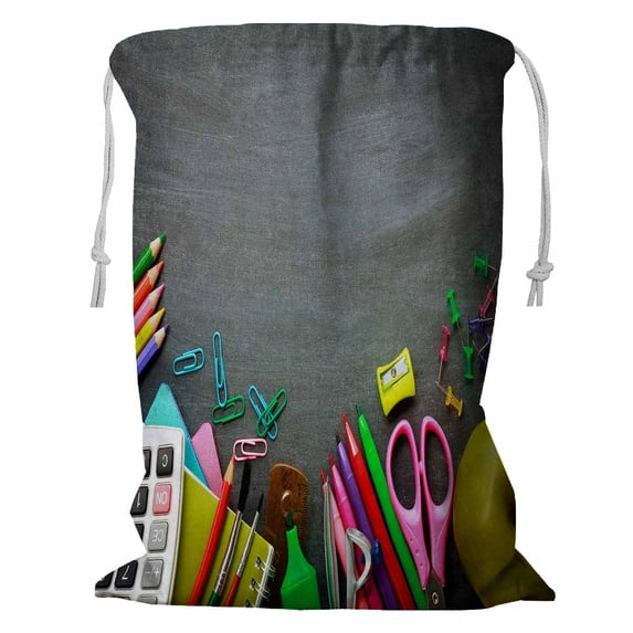 ABPHQTO School Supplies On Blackboard Storage Basket Laundry Bag with Drawstring 18x24 Inch