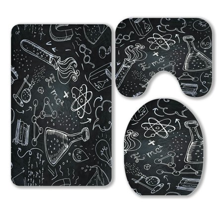 ABPHQTO Science Lab Objects Doodle Sketches Over Blackboard 3 Piece Bathroom Rugs Set Bath Rug Contour Mat and Toilet Lid Cover
