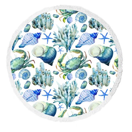 ABPHQTO Sea Ocean Shell Coral Crab Water Color Beach Towel Beach Blanket with Tassels Beach Throw Towel Yoga Mat Picnic Blanket