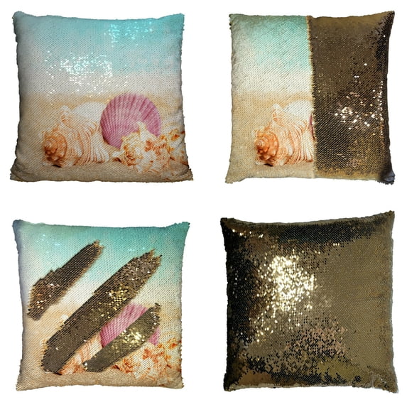 ABPHQTO Sea Shells Sand Ocean Summer Beach Reversible Mermaid Sequin Pillow Case Home Decor Cushion Cover 16x16 Inch