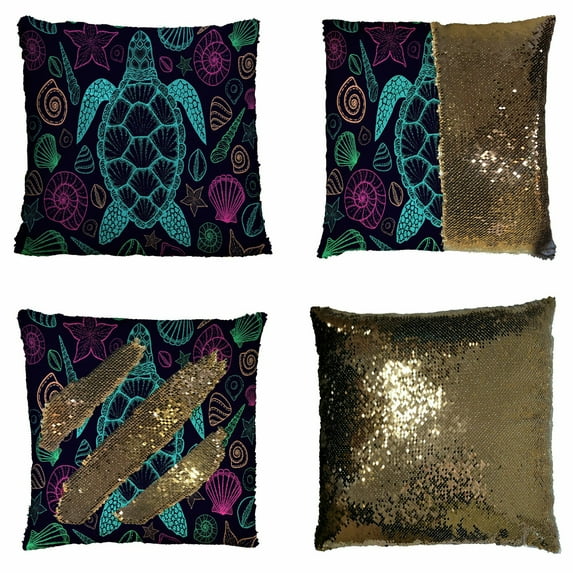ABPHQTO Sea Turtle Shells In Line Art Style Reversible Mermaid Sequin Pillow Case Home Decor Cushion Cover 18x18 Inch