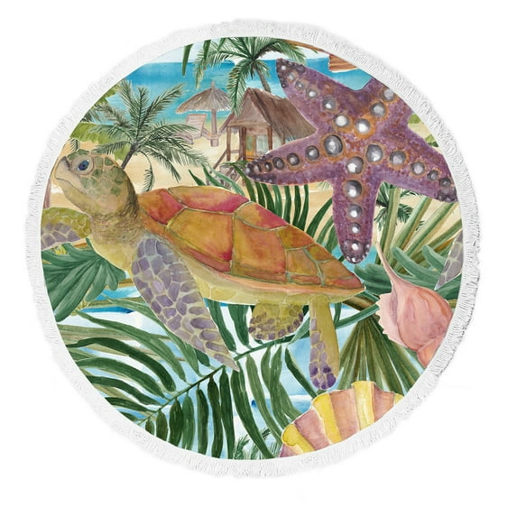 ABPHQTO Sea Turtles Seastar Seashells Beach Palm Trees Marine Round Beach Blanket with Tassels Beach Throw Towel Yoga Mat Picnic Blanket