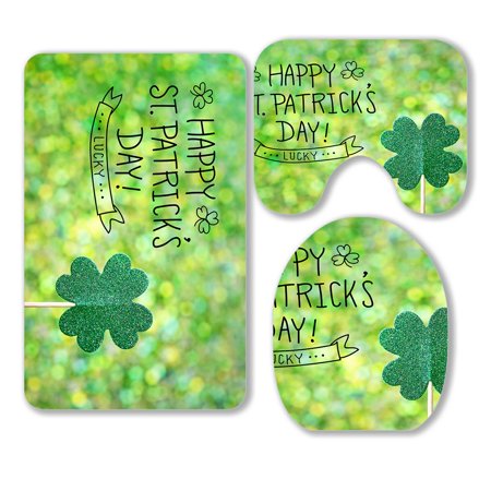 ABPHQTO Shiny Green Clover Ornament 3 Piece Bathroom Rugs Set Bath Rug Contour Mat and Toilet Lid Cover