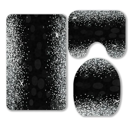 ABPHQTO Shiny Silver Glitter Black 3 Piece Bathroom Rugs Set Bath Rug Contour Mat and Toilet Lid Cover