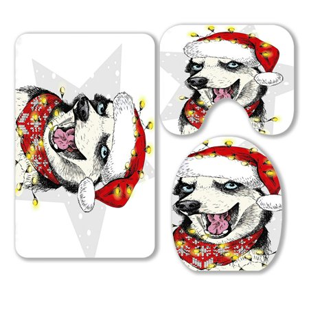 ABPHQTO Siberian Husky Dog Wearing Santa Hat Christmas Lights Garland 3 Piece Bathroom Rugs Set Bath Rug Contour Mat and Toilet Lid Cover
