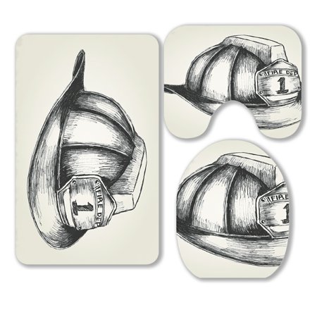 ABPHQTO Sketch Of A Firefighter Helmet 3 Piece Bathroom Rugs Set Bath Rug Contour Mat and Toilet Lid Cover