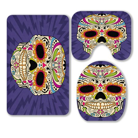 ABPHQTO Skull 3 Piece Bathroom Rugs Set Bath Rug Contour Mat and Toilet Lid Cover