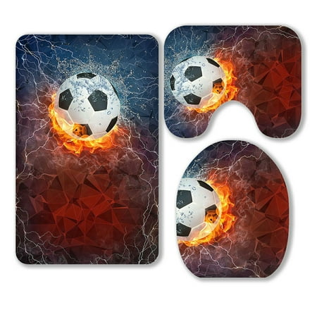 ABPHQTO Soccer Ball Fire Water Lightening Around Polygonal 3 Piece Bathroom Rugs Set Bath Rug Contour Mat and Toilet Lid Cover