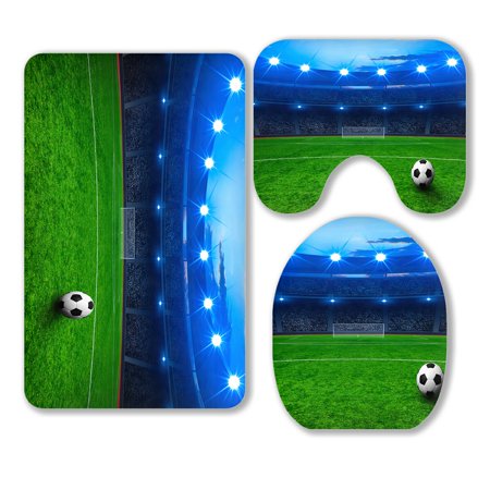 ABPHQTO Soccer Ball On Green Stadium 3 Piece Bathroom Rugs Set Bath Rug Contour Mat and Toilet Lid Cover