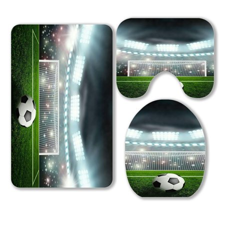 ABPHQTO Soccer Ball On Green Stadium Arena 3 Piece Bathroom Rugs Set Bath Rug Contour Mat and Toilet Lid Cover