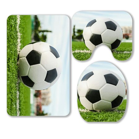ABPHQTO Soccer Football Green Grass Soccer Field Player 3 Piece Bathroom Rugs Set Bath Rug Contour Mat and Toilet Lid Cover