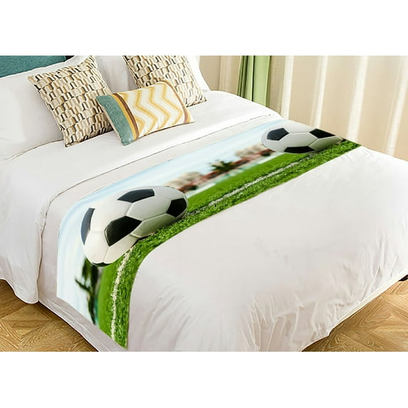 ABPHQTO Soccer Football Green Grass Soccer Field Player Bed Runner Bedding Scarf Bed Decoration 20x95 inch