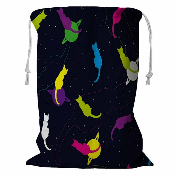 ABPHQTO Space Cats Saturn Stars Storage Basket Laundry Bag with Drawstring 24x32 Inch