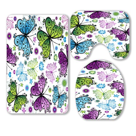 ABPHQTO Spring Bright Colorful Butterflies 3 Piece Bathroom Rugs Set Bath Rug Contour Mat and Toilet Lid Cover