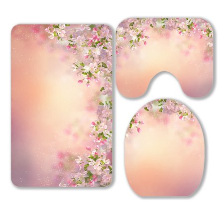 ABPHQTO Spring Cherry Blossom Sakura Branch In Springtime 3 Piece Bathroom Rugs Set Bath Rug Contour Mat and Toilet Lid Cover