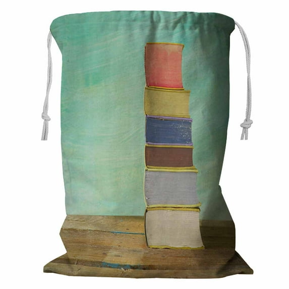ABPHQTO Stack Books Against Grungy Free Copy Space Storage Basket Laundry Bag with Drawstring 24x32 Inch