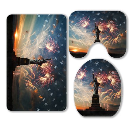 ABPHQTO Statue Of Liberty On The Flag Usa Sunrise And Fireworks 3 Piece Bathroom Rugs Set Bath Rug Contour Mat and Toilet Lid Cover