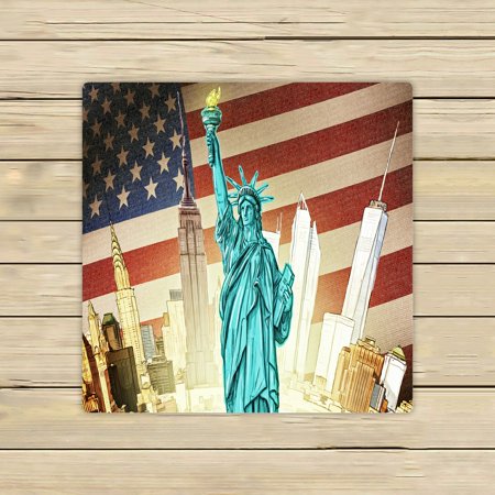 ABPHQTO Statue Of Liberty With Manhattan And American Flag Towels Beach Bath Pool Sprot Travel Hand Spa Towel 13x13 Inch