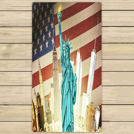 ABPHQTO Statue Of Liberty With Manhattan And American Flag Towels Beach Bath Pool Sprot Travel Hand Spa Towel 30x56 Inch