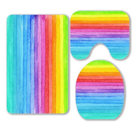 ABPHQTO Striped Watercolor Version Bright Colors 3 Piece Bathroom Rugs Set Bath Rug Contour Mat and Toilet Lid Cover