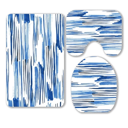 ABPHQTO Stripes Indigo Blue Texture Irregular Lines Indigo Shibori Modern 3 Piece Bathroom Rugs Set Bath Rug Contour Mat and Toilet Lid Cover