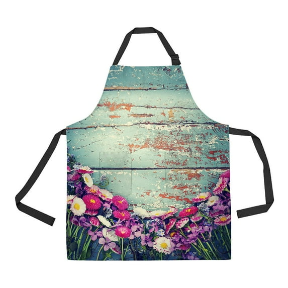 ABPHQTO Summer Colorful Flowers Vintage Wooden Apron Home Kitchen Apron with Pockets