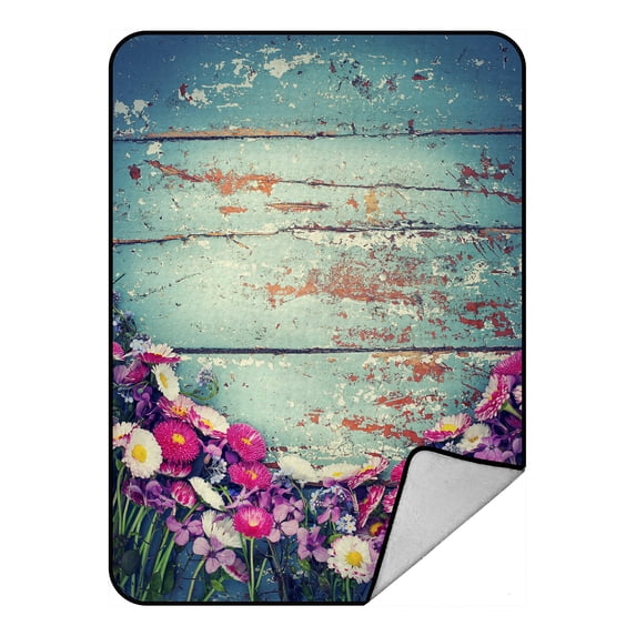 ABPHQTO Summer Colorful Flowers Vintage Wooden Fleece Blanket Fleece Back Throw Blanket 58x80 Inch