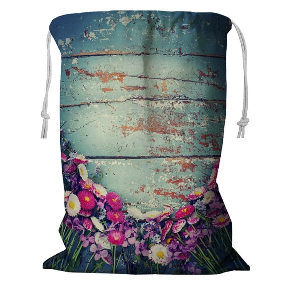 ABPHQTO Summer Colorful Flowers Vintage Wooden Storage Basket Laundry Bag with Drawstring 18x24 Inch