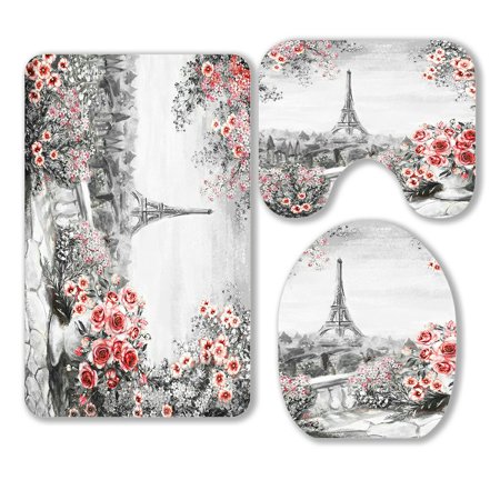 ABPHQTO Summer In Paris Gentle City Landscape Flower Rose Leaf 3 Piece Bathroom Rugs Set Bath Rug Contour Mat and Toilet Lid Cover