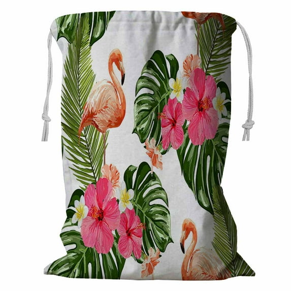ABPHQTO Summer Tropical Flamingo Flowers Leaves Storage Basket Laundry Bag with Drawstring 24x32 Inch