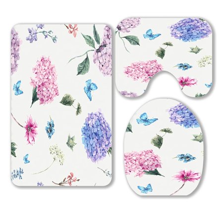 ABPHQTO Summer Vintage Floral Blooming Hydrangea Garden Flowers 3 Piece Bathroom Rugs Set Bath Rug Contour Mat and Toilet Lid Cover