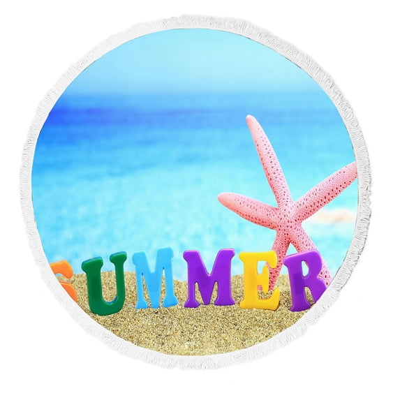 ABPHQTO Summertime The Word Summer On The Beach Round Beach Blanket with Tassels Beach Throw Towel Yoga Mat Picnic Blanket