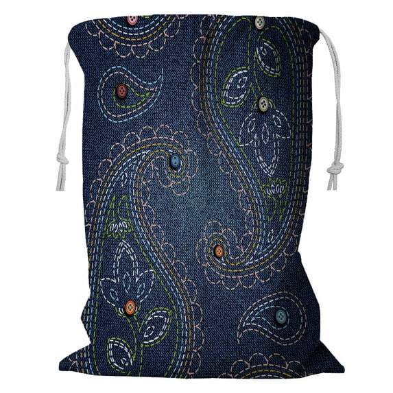 ABPHQTO Texture Denim Fabric Buttons Embroidery Paisley Storage Basket Laundry Bag with Drawstring 18x24 Inch