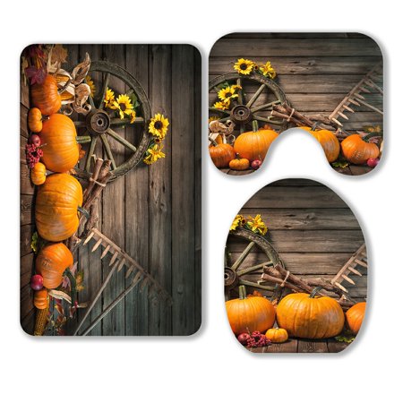 ABPHQTO Thanksgiving Autumnal Pumpkins Old Wooden Wheel 3 Piece Bathroom Rugs Set Bath Rug Contour Mat and Toilet Lid Cover
