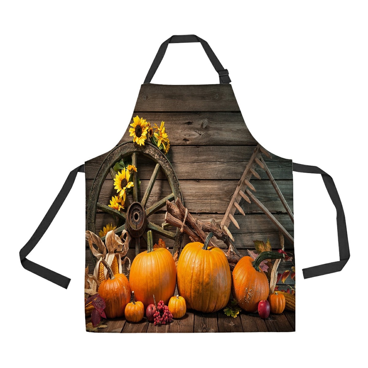 ABPHQTO Thanksgiving Autumnal Pumpkins Old Wooden Wheel Apron Home Kitchen Apron with Pockets