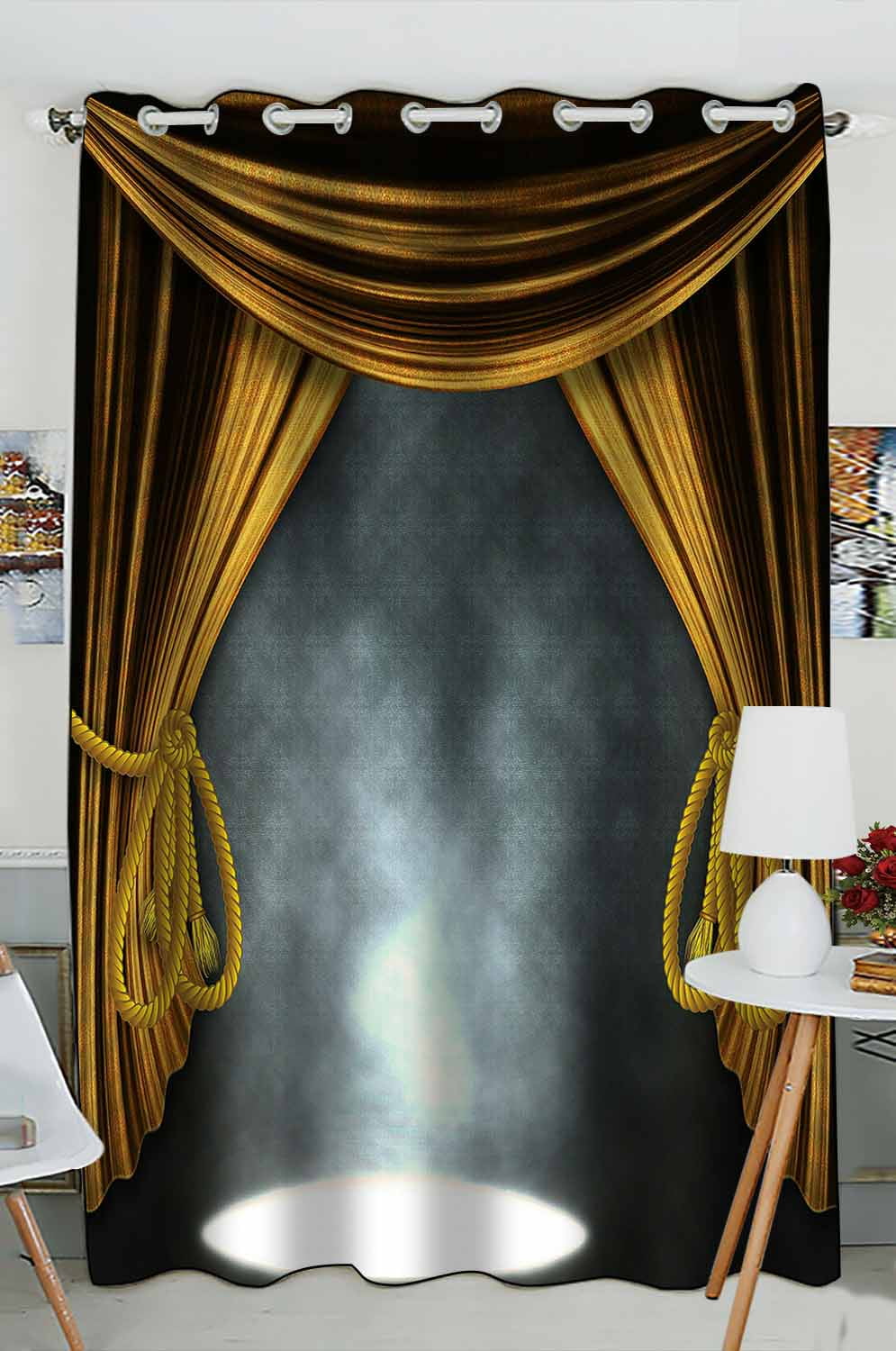 ABPHQTO Theater Stage Golden Curtains Three Spotlights Smoke Grommet