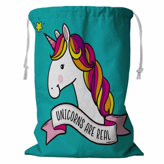 ABPHQTO Three Quirky Unicorns Rainbow Manes Tails Storage Basket Laundry Bag with Drawstring 18x24 Inch