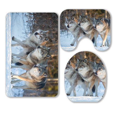 ABPHQTO Three Wolves Marching Together 3 Piece Bathroom Rugs Set Bath Rug Contour Mat and Toilet Lid Cover