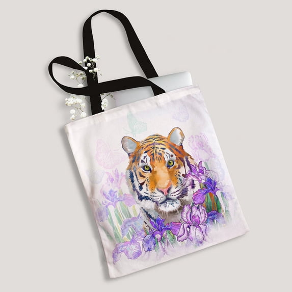 ABPHQTO Tiger And Flowers Iris Canvas Bag Reusable Tote Grocery Shopping Bags Tote Bag 14x16 inch